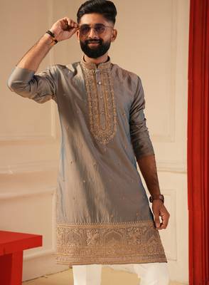 Tissue peacock blue beads embroiderd kurta for men sort kurta 2