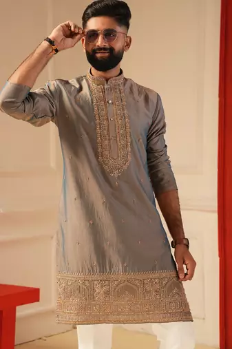 Tissue peacock blue beads embroiderd kurta for men sort kurta