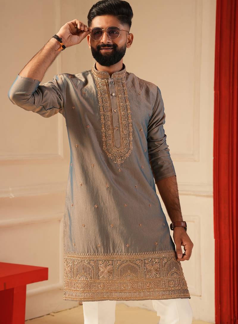 Tissue peacock blue beads embroiderd kurta for men sort kurta