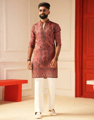 Rust v_neck daman embroiderd kurta for men sort kurta 1