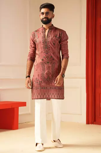 Rust v_neck daman embroiderd kurta for men sort kurta