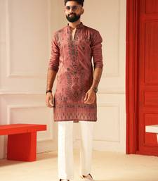Rust v_neck daman embroiderd kurta for men sort kurta