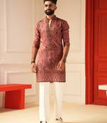 Rust v_neck daman embroiderd kurta for men sort kurta