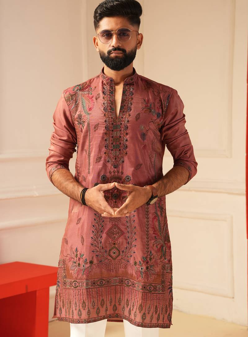 Rust v_neck daman embroiderd kurta for men sort kurta