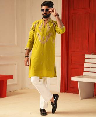 Neon green v_neck embroiderd kurta for men sort kurta 1