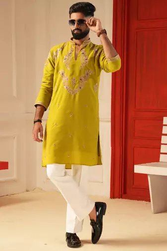 Neon green v_neck embroiderd kurta for men sort kurta