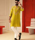 Neon green v_neck embroiderd kurta for men sort kurta