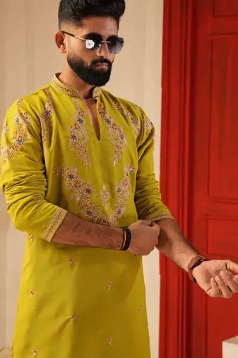 Neon green v_neck embroiderd kurta for men sort kurta