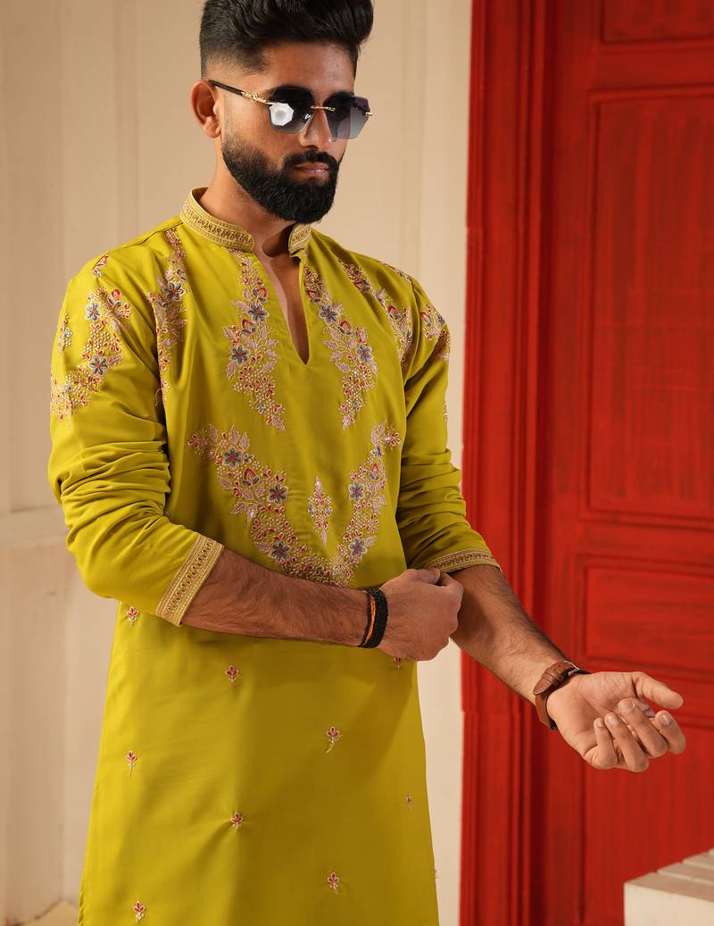 Neon green v_neck embroiderd kurta for men sort kurta
