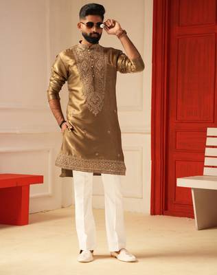 Brown tissue embroidered kurta for men sort kurta 1