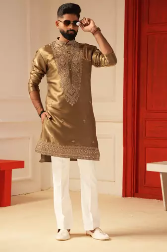 Brown tissue embroidered kurta for men sort kurta
