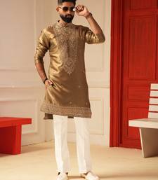 Brown tissue embroidered kurta for men sort kurta