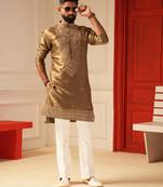 Brown tissue embroidered kurta for men sort kurta