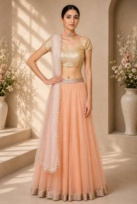 Peach Net Plain Crop Top Lehengas 1