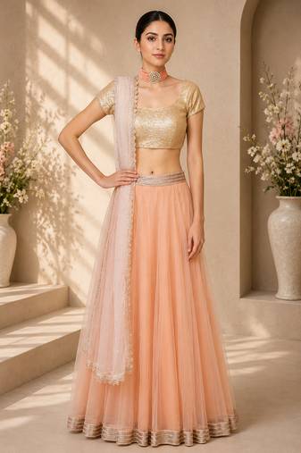Peach Net Plain Crop Top Lehengas
