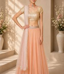 Peach Net Plain Crop Top Lehengas