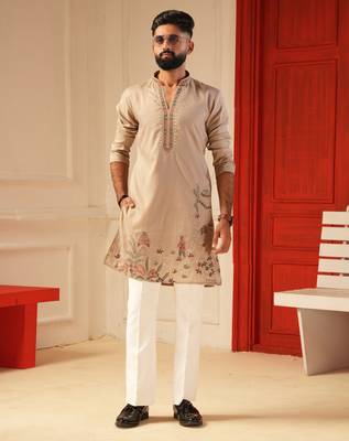 Pastel pink daman embroidered kurta for men sort kurta 1