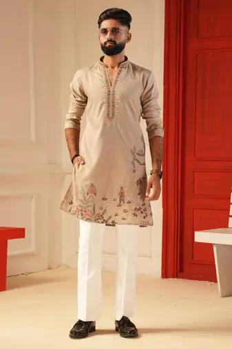 Pastel pink daman embroidered kurta for men sort kurta