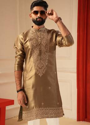Brown tissue embroidered kurta for men sort kurta 2