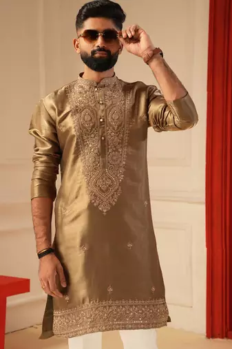 Brown tissue embroidered kurta for men sort kurta