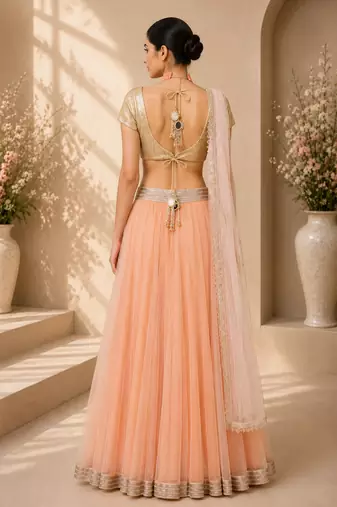 Peach Net Plain Crop Top Lehengas