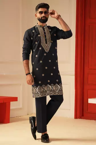 Navy blue daman work kurta for men sort kurta