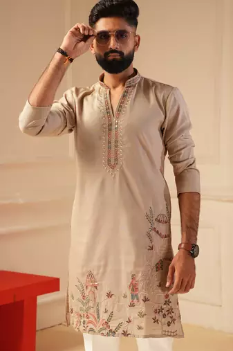 Pastel pink daman embroidered kurta for men sort kurta