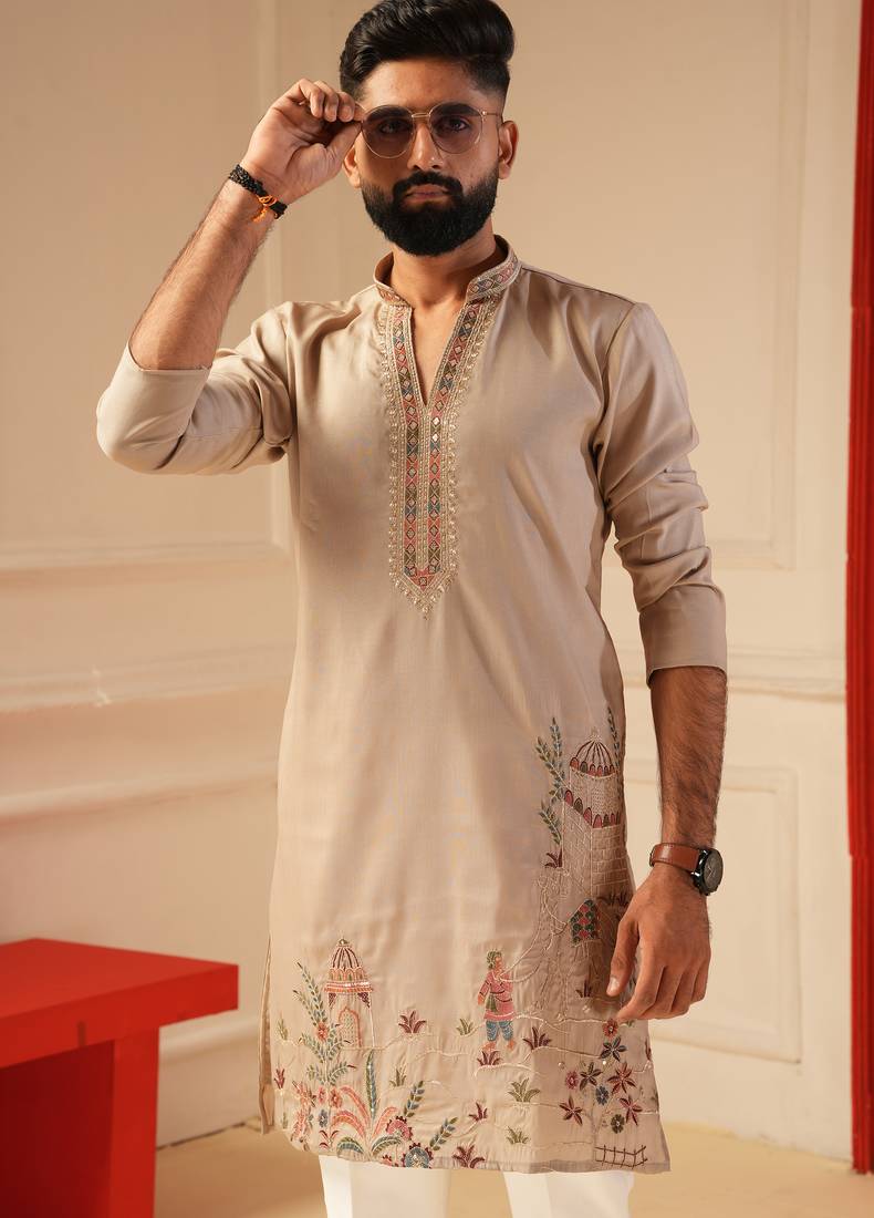 Pastel pink daman embroidered kurta for men sort kurta