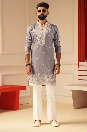 Purple v_neck embroidered kurta for men sort kurta