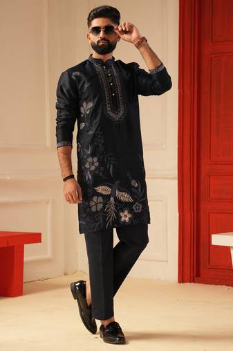 Navy blue embroidered kurta for men sort kurta