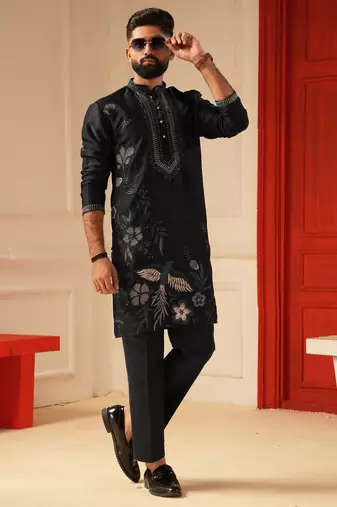 Navy blue embroidered kurta for men sort kurta