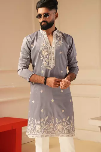Purple v_neck embroidered kurta for men sort kurta