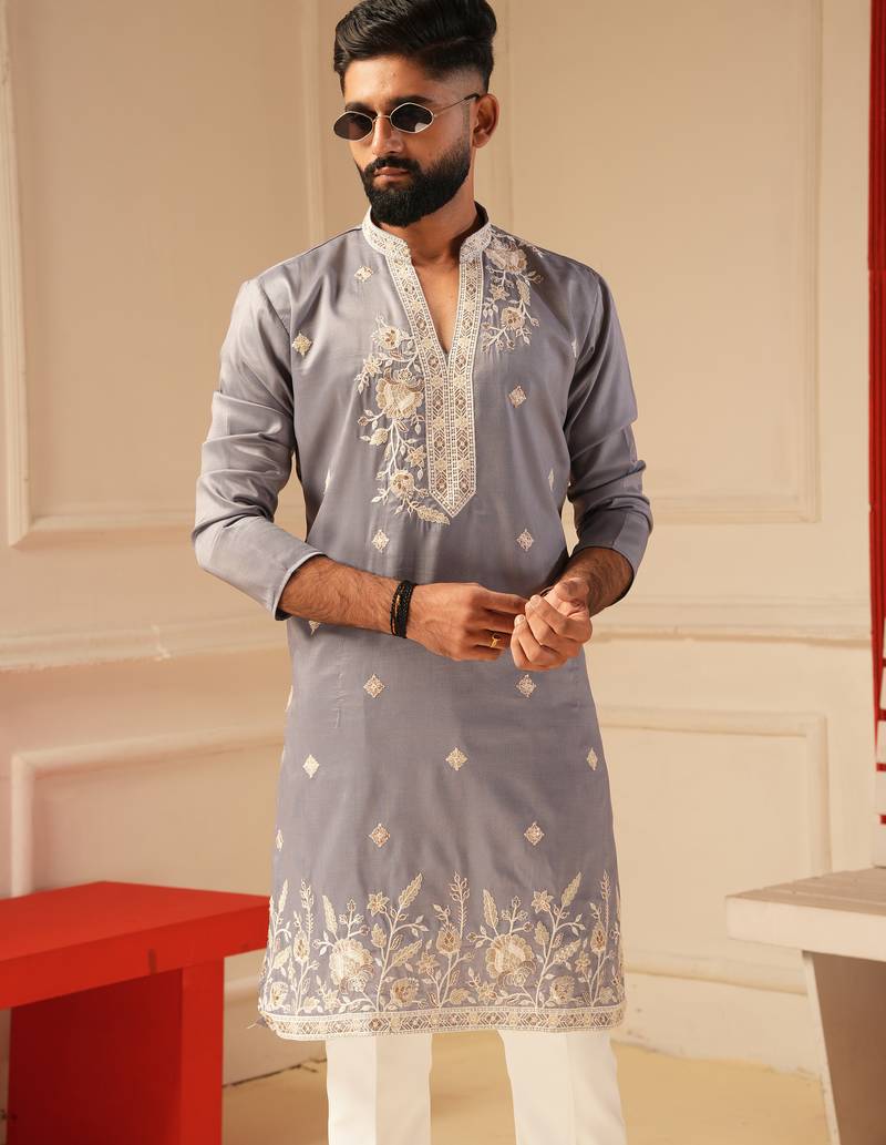 Purple v_neck embroidered kurta for men sort kurta