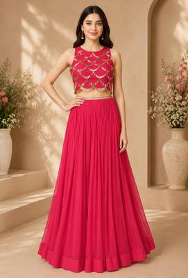 Pink Georgette Embroidered Crop Top Lehengas 1