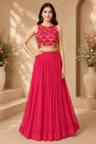Pink Georgette Embroidered Crop Top Lehengas