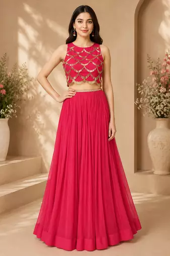Pink Georgette Embroidered Crop Top Lehengas