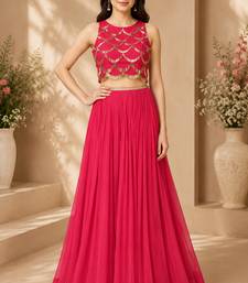 Pink Georgette Embroidered Crop Top Lehengas