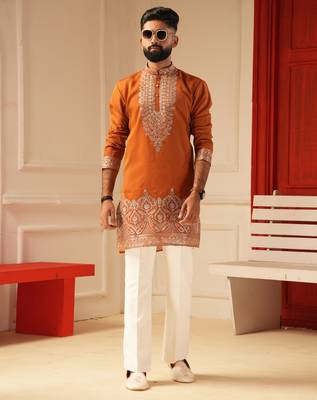 Rust embroidered kurta for men sort kurta 1