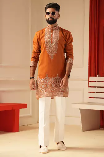 Rust embroidered kurta for men sort kurta