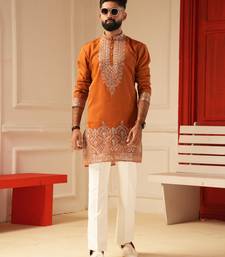 Rust embroidered kurta for men sort kurta