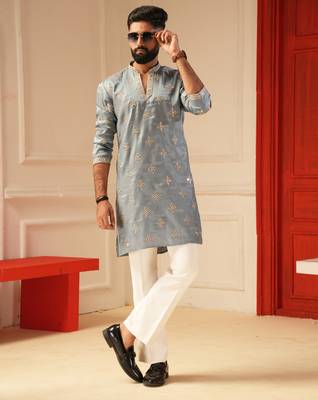 Sky blue v_neck embroiderd kurta for men sort kurta 1