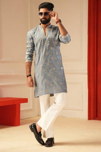 Sky blue v_neck embroiderd kurta for men sort kurta
