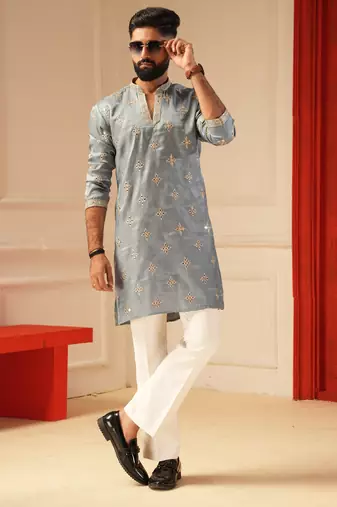 Sky blue v_neck embroiderd kurta for men sort kurta