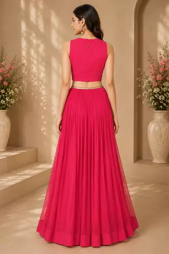 Pink Georgette Embroidered Crop Top Lehengas