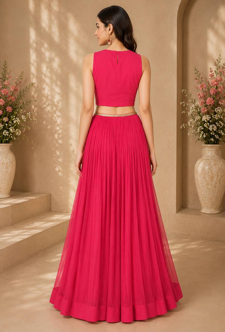 Pink Georgette Embroidered Crop Top Lehengas