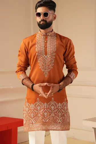 Rust embroidered kurta for men sort kurta
