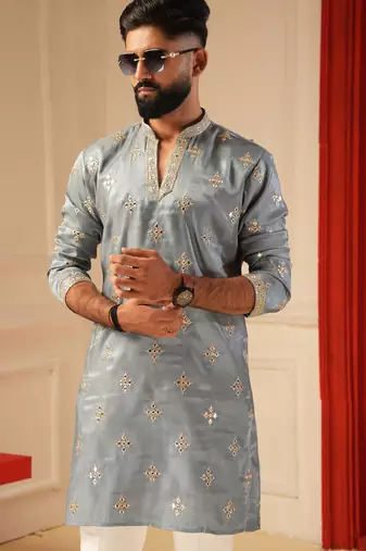 Sky blue v_neck embroiderd kurta for men sort kurta