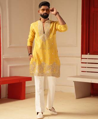 Yellow v_neck daman embroidered kurta for men sort kurta 1