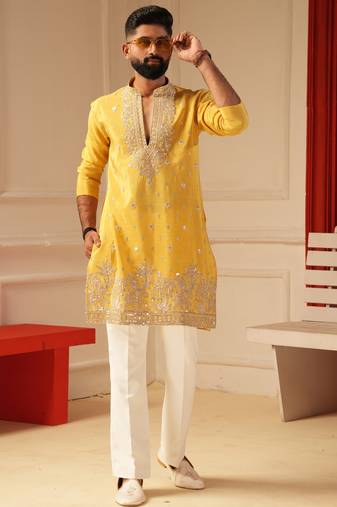 Yellow v_neck daman embroidered kurta for men sort kurta