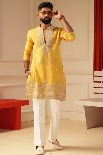 Yellow v_neck daman embroidered kurta for men sort kurta